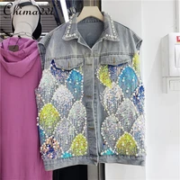 2022 spring new fashion blue pearl sequined denim vest for female versatile lapel sleeveless loose jean jacket womens