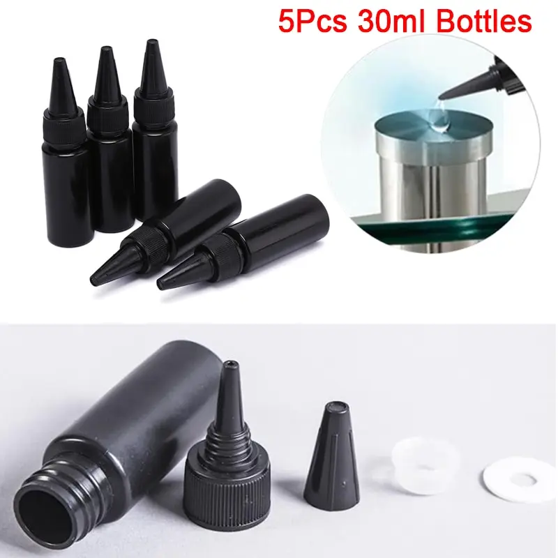 

5Pcs/Set 30ml Empty Resin Glue Dropper Bottles Liquid Refillable Storage Containers Black Plastic Sharp Mouth UV Glue Bottle