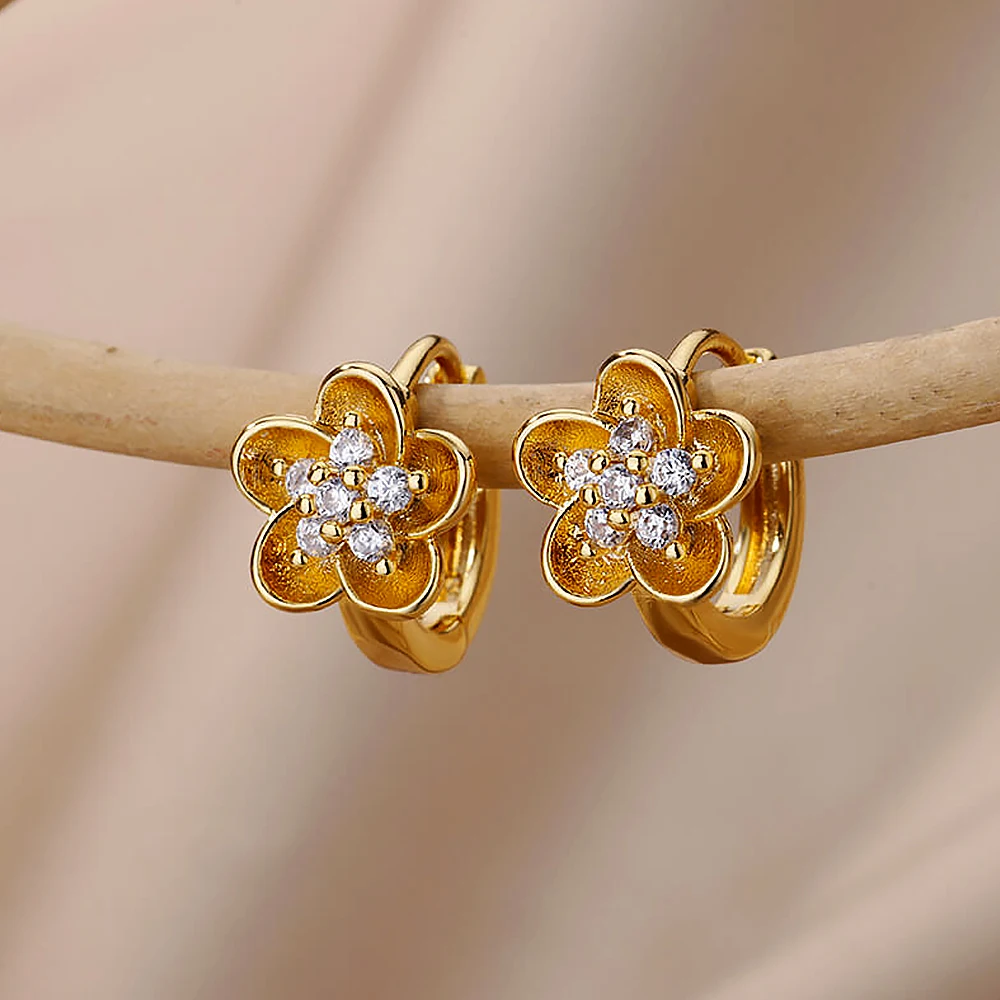 

Flower Earrings For Women Cubic Zirconia Stainless Steel Floral Hoop Earrings 2023 Trend Couple Aesthetic Jewelry aretes mujer