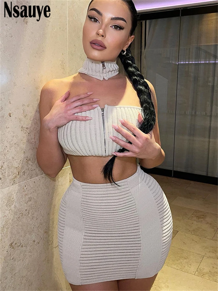 

Nsauye 2022 Party Skirt Suit Sexy Halter Women Y2K Knitted Crop Tops And High Wasit Mini Club Dress Skirt Two Piece Set Autumn