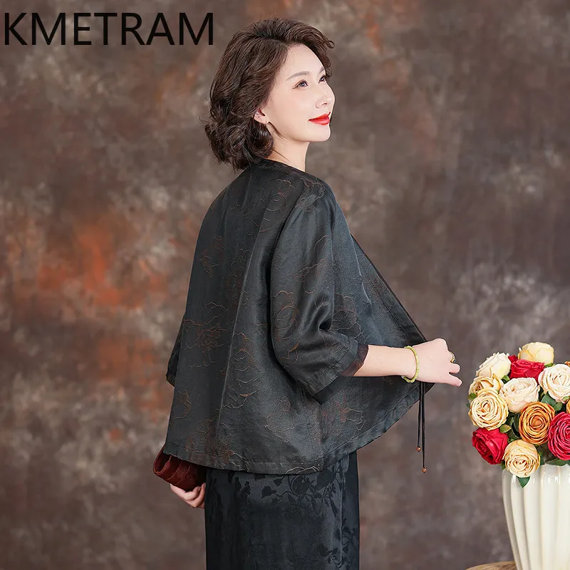 Фото Женская блузка KMETRAM из 25,2% шелковой ткани, весна 2026, ретро, элегантная, с рукавом три четверти, с шалевым воротником, женская одежда, Blusa Feminina №2