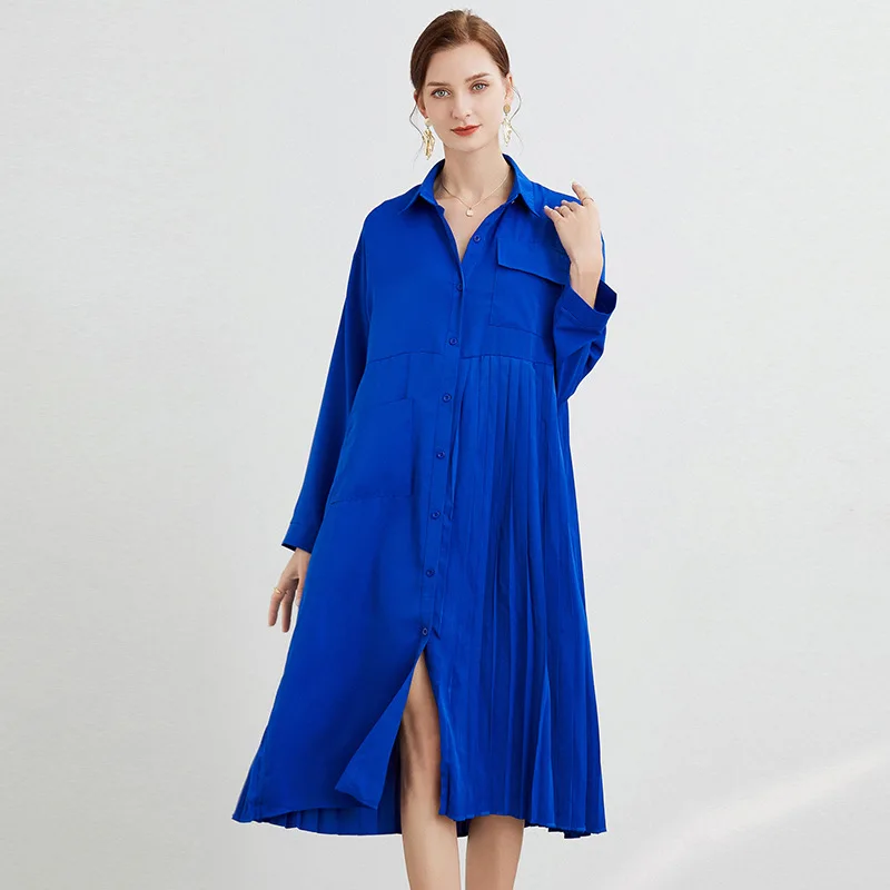 

SuperAen 2022 Spring Turn Down Collar Full Shirt Women's Plus Size Solid Casual A-LINE Dress