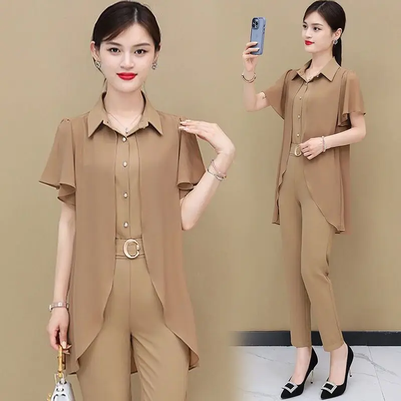 Short sleeved fashion suit ladies chiffon shirt 2023 summer new loose top casual sports single/suit