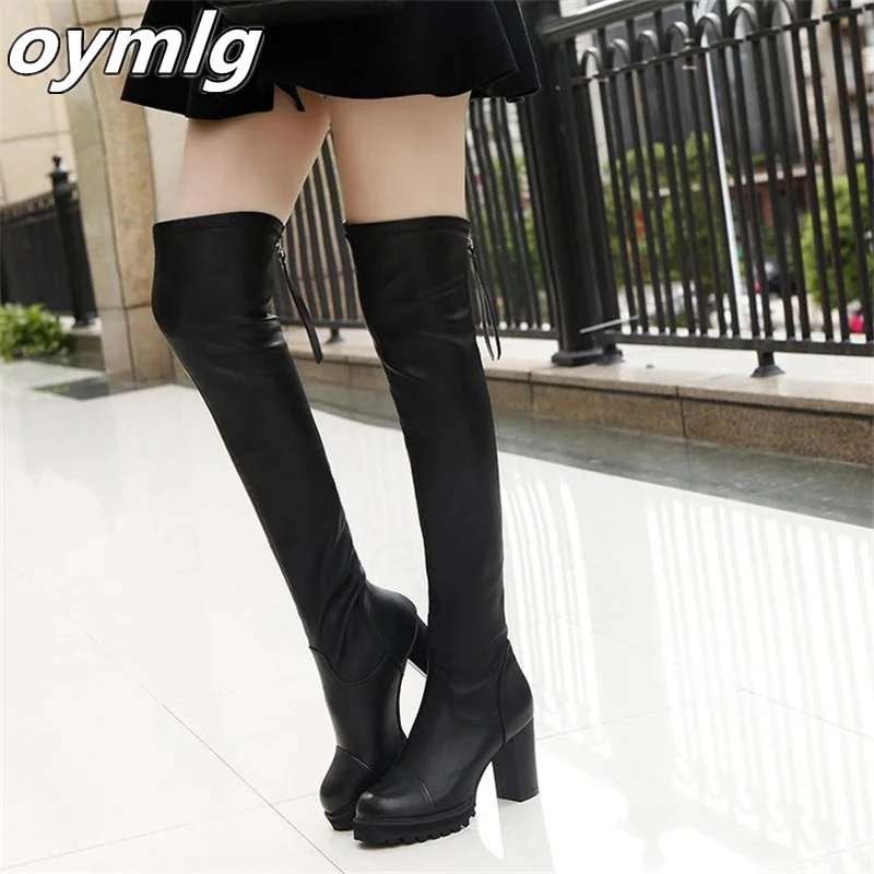 

Женские сапоги выше колена, теплые бархатные сапоги на молнии сзади, на Высоком толстом каблуке, зимние эластичные сапоги, оптовая продажа