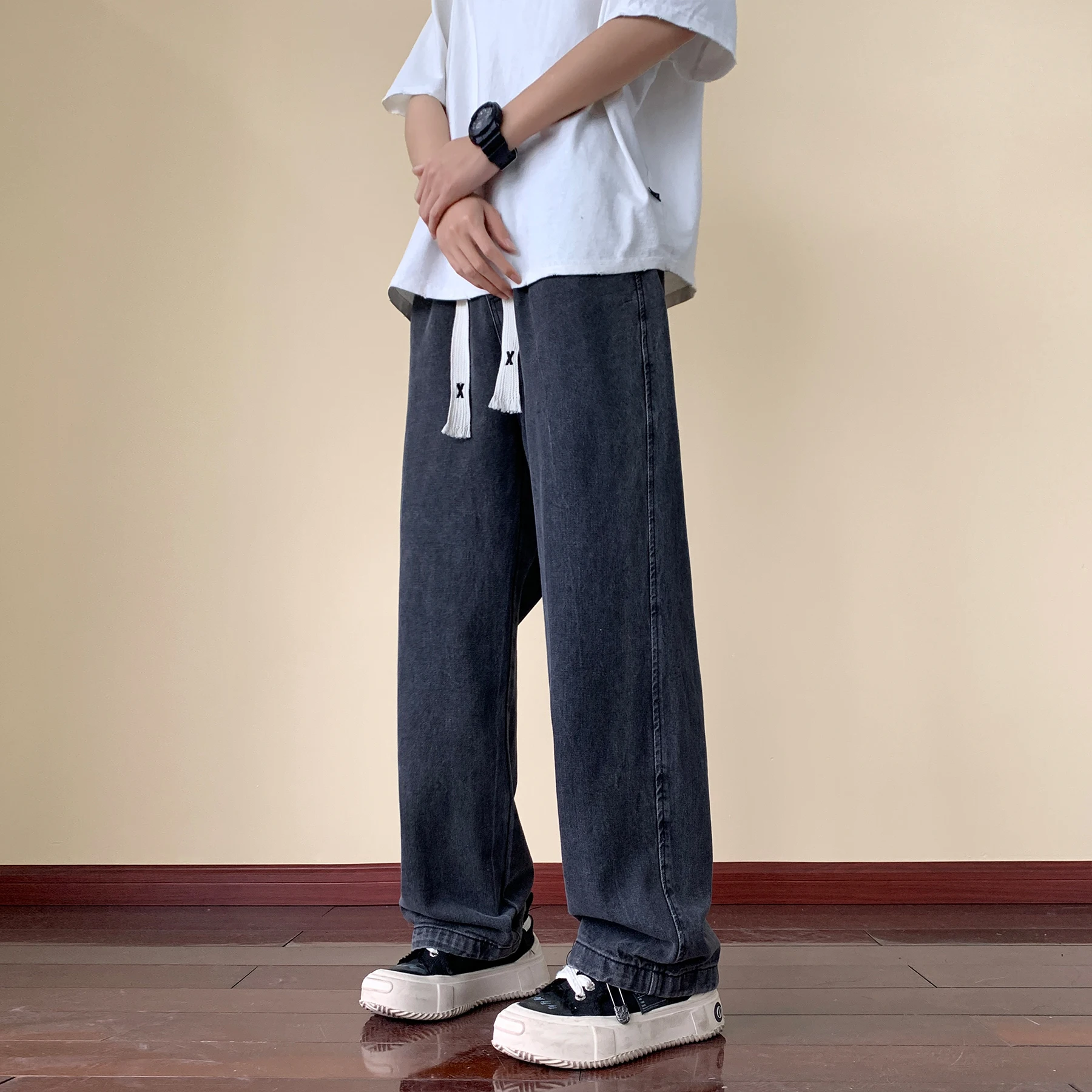 

Новинка 2023, корейские модные мужские мешковатые джинсы, классические мужские прямые джинсовые брюки унисекс с широкими штанинами