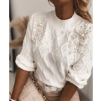 autumn winter women sweaters o neck clothing beaded decor long sleeve cute knitted pullover warm sweater white elegant jumper