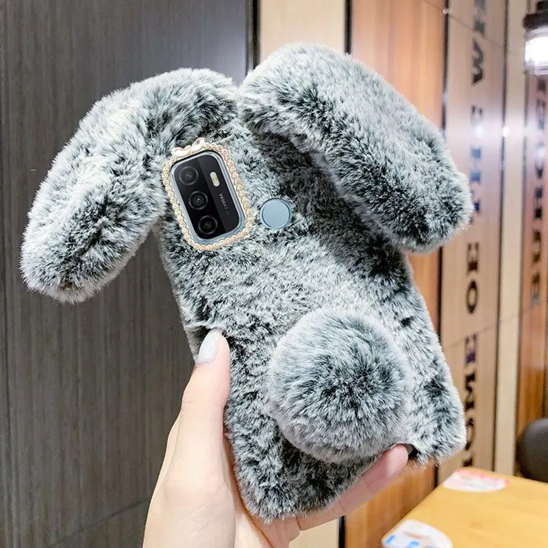 Rabbit Ears Silicone Cases For OPPO A5 A9 2020 F17 AX5 A95 A94 A93 A74 A73 A53 5G A35 A11K Diamond Soft TPU Plush Cover Caqa