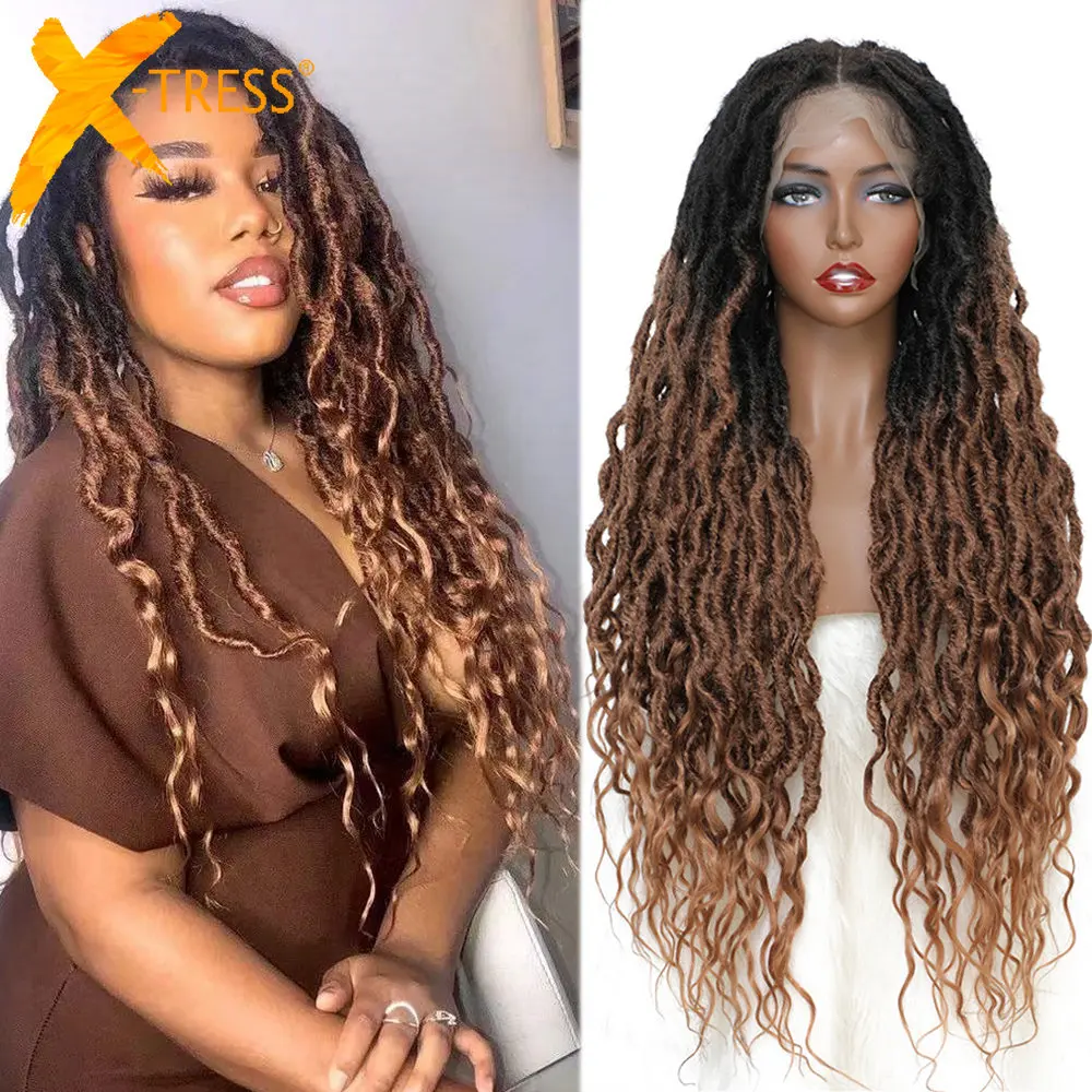 13X4 Lace Frontal Synthetic Braided Wigs For Women X-TRESS 32 Inch Ombre Brown Natural Hair Wig With Baby Hair Crochet Faux Locs