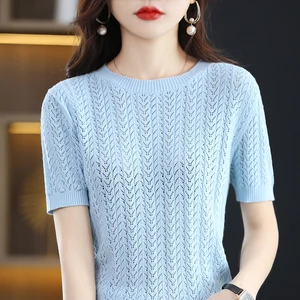 Imported 100% Pure Cotton T-Shirts Women's Round Neck Strands Empty Pullover Top Casual Knit Loose Top Summer
