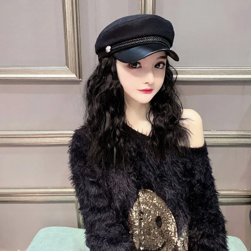 

Fashion Gilr's Black Hat With Wig Big Wave Long Hair And Cap