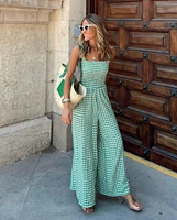 wildpinky new fashion women jumpsuits 2022 summer pleated wide leg overalls high waist casual plaid sleeveless loose rompers