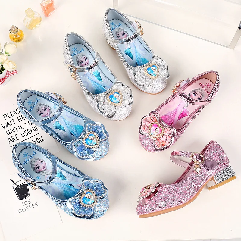 

Disney girls princess shoes spring new children's high heels elsa princess shoes soft sole leather shoes crystal single shoes