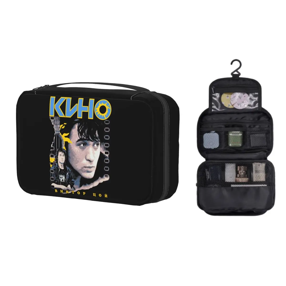 

Classic Vintage Viktor Tsoi Kino Makeup Bag for Women Travel Cosmetic Organizer Kawaii Rusian Rock Hanging Storage Toiletry Bags