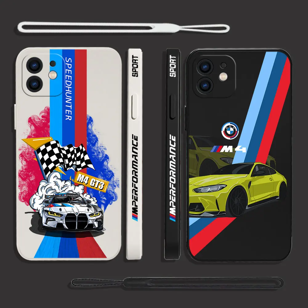 

BMW M4 Buxury Bar Brand Phone Case For iPhone 14 13 12 11 Pro Max Mini X XR XS MAX SE20 8 7 Plus 6 6S Plus with Hand Strap