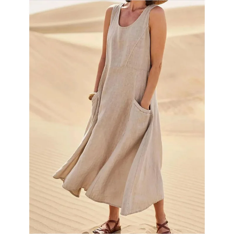 Women Side Pockets Sleeveless Dress Elegant Round Neck Solid Long Dress Lady Vintage Cotton Linen Tank Beach Dress Vestidos