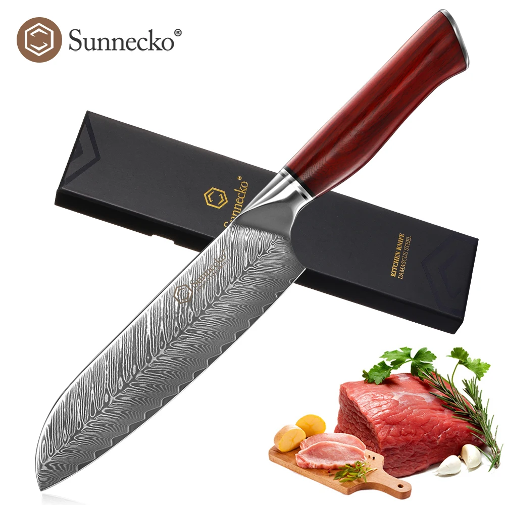 

Sunnecko Damascus 7 Inch Santoku Knife High Quality Chef's Kitchen Slicing Ultra Sharp VG10 Core Blade Cut Rose Wood Handle