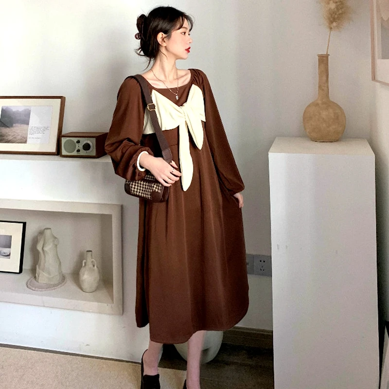 

Женское свободное платье с бантом, модное корейское платье с квадратным вырезом, Осень-зима 2022