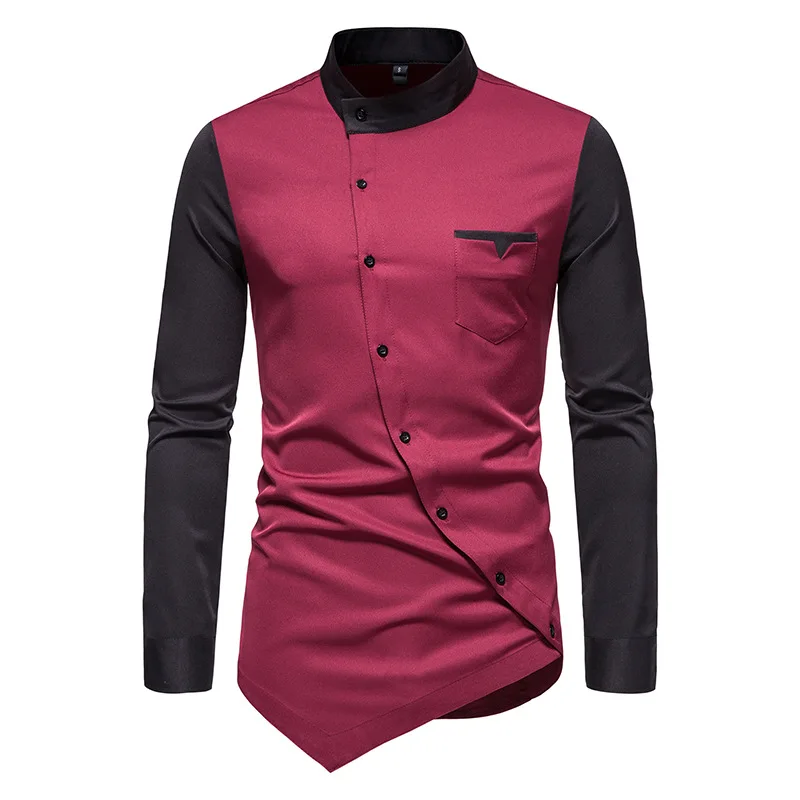 

Solid Patchwork Shirt Men 2022 Brand New Casual Shirts Irregular Hem Stylish Chemise Homme Stand Collar Long Sleeve Camisas