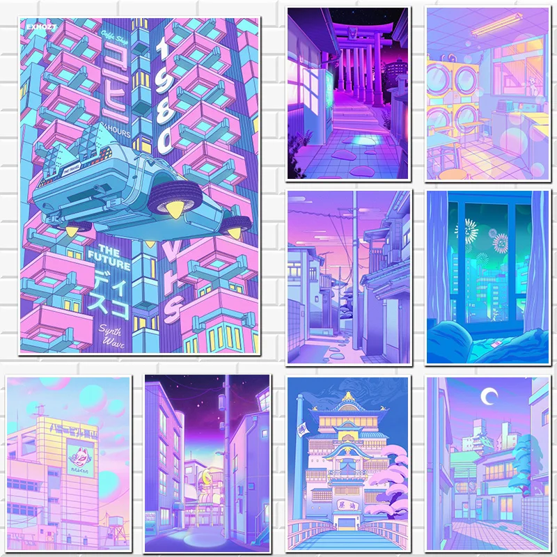 

80s Vaporwave Style Poster City Night Street Cat Painting Wall Art Home BedRoom Decoration Kawaii Room Decor Canvas Poster