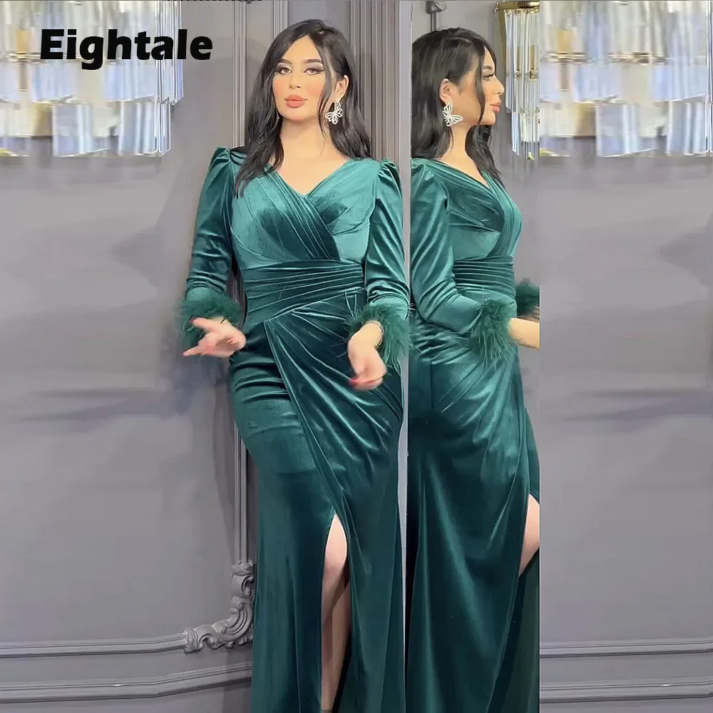 

Eightale Feather Evening Dress for Wedding Party V-Neck Emerald Green Long Sleeves Mermaid Slit Velvet Arabic Prom Gowns