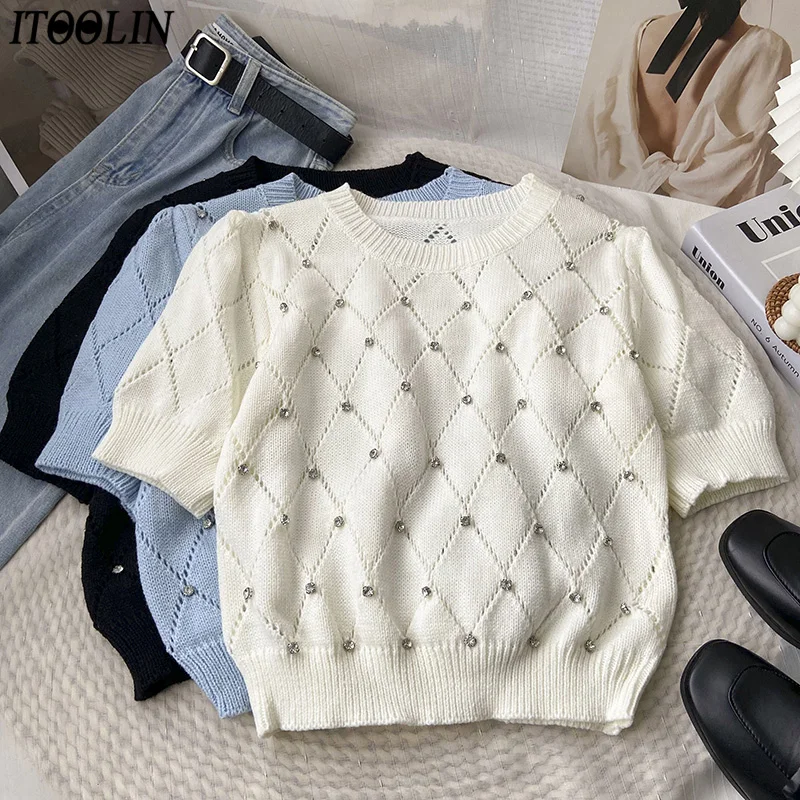

ITOOLIN Women Embroidered Flares T-shirt O-neck Crop Tops Short Sleeve Casual Knitted T-shirt For Women Summer Pullover 2023