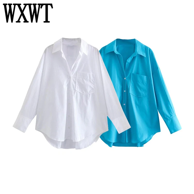 

WXWT Women Solid Basic Poplin Shirts Turn Down Collar Long Sleeve Blouse Female Fashion Casual Tops XX8488