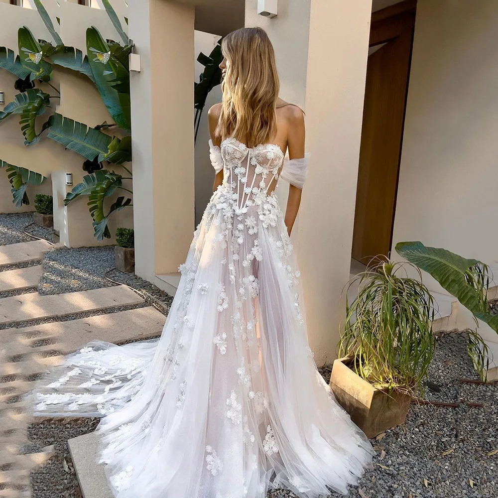 

Doymeny Boho Lace Wedding Dresses 2024 3D Flowers Appliques Off Shoulder Corset Bridal Gowns Women Tulle Princess Bride Dress