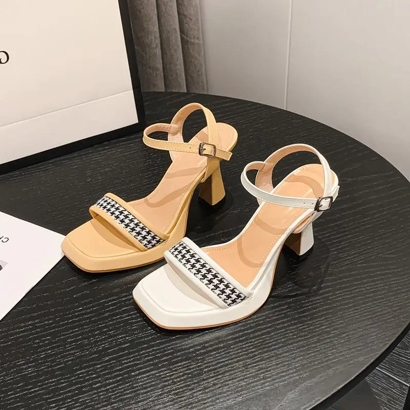 

New Summer Women's High-heeled Sandals Thick-heeled Square Toe Open-toed Thick-soled One-word High-heeled Sandals