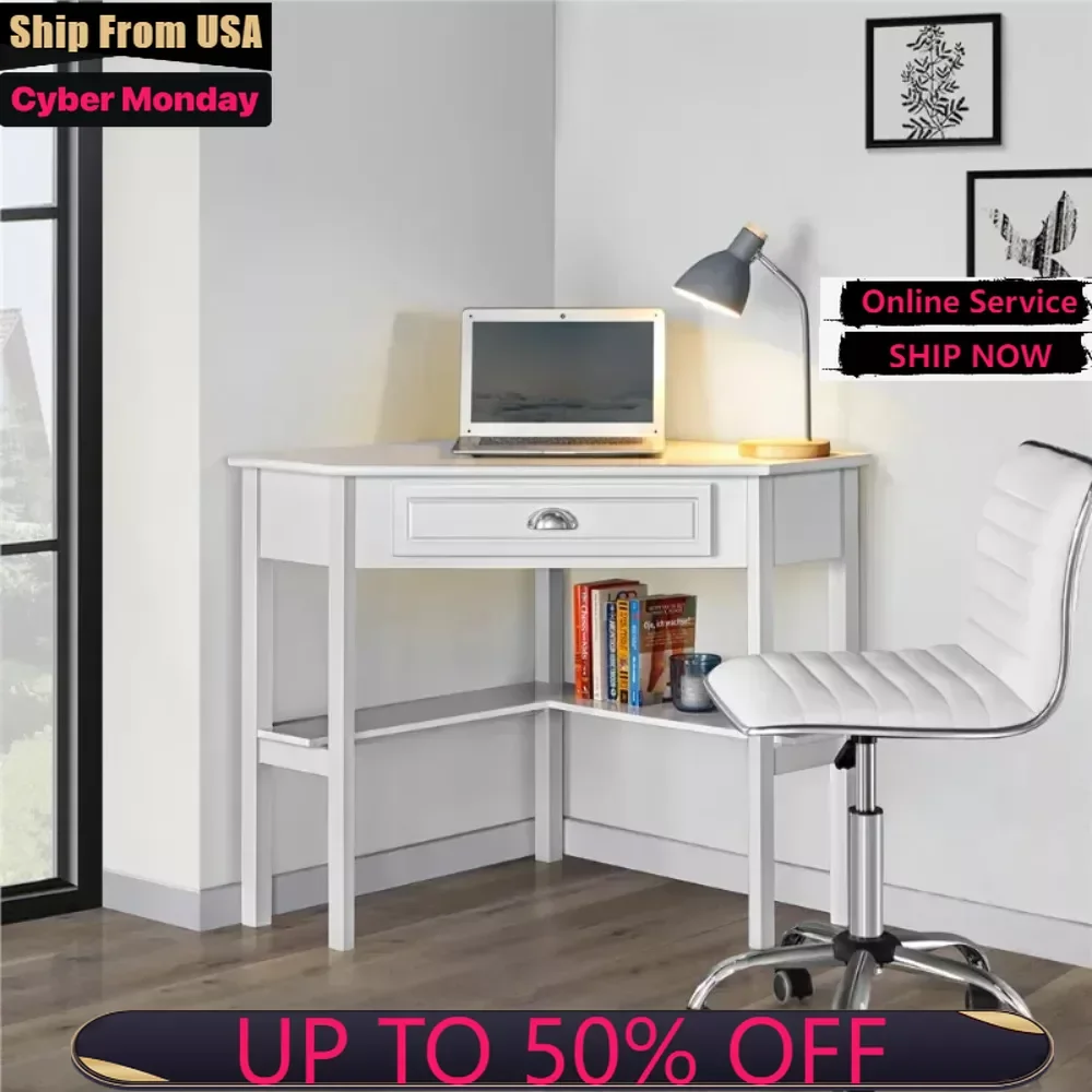 

Corner Writing Desk with Storage Drawer, White Standing Desk