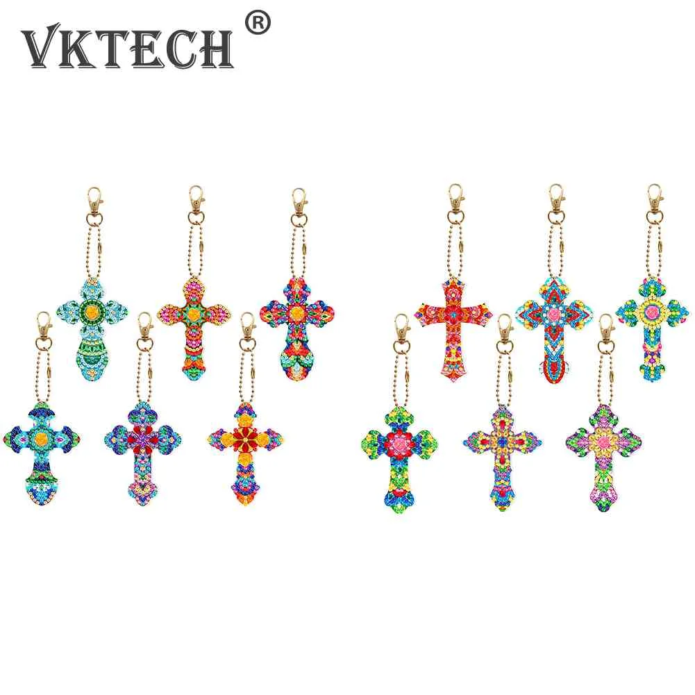 

6pcs Cross Diamond Art Keychains Handmade DIY Special Shaped Drill Keychains Diamond Mosaic Kit Rhinestone Pendant Double Sided