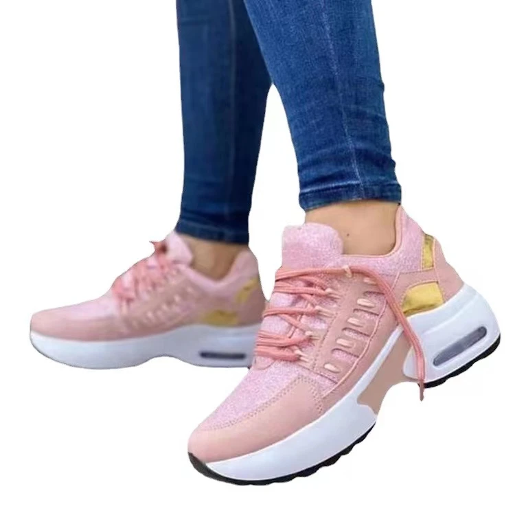 2022 New Ladies Sneakers Lace Up Wedge Heel Vulcanized Shoes Thick Sole Air Cushion Casual Shoes Large Size 43 Women's Shoes