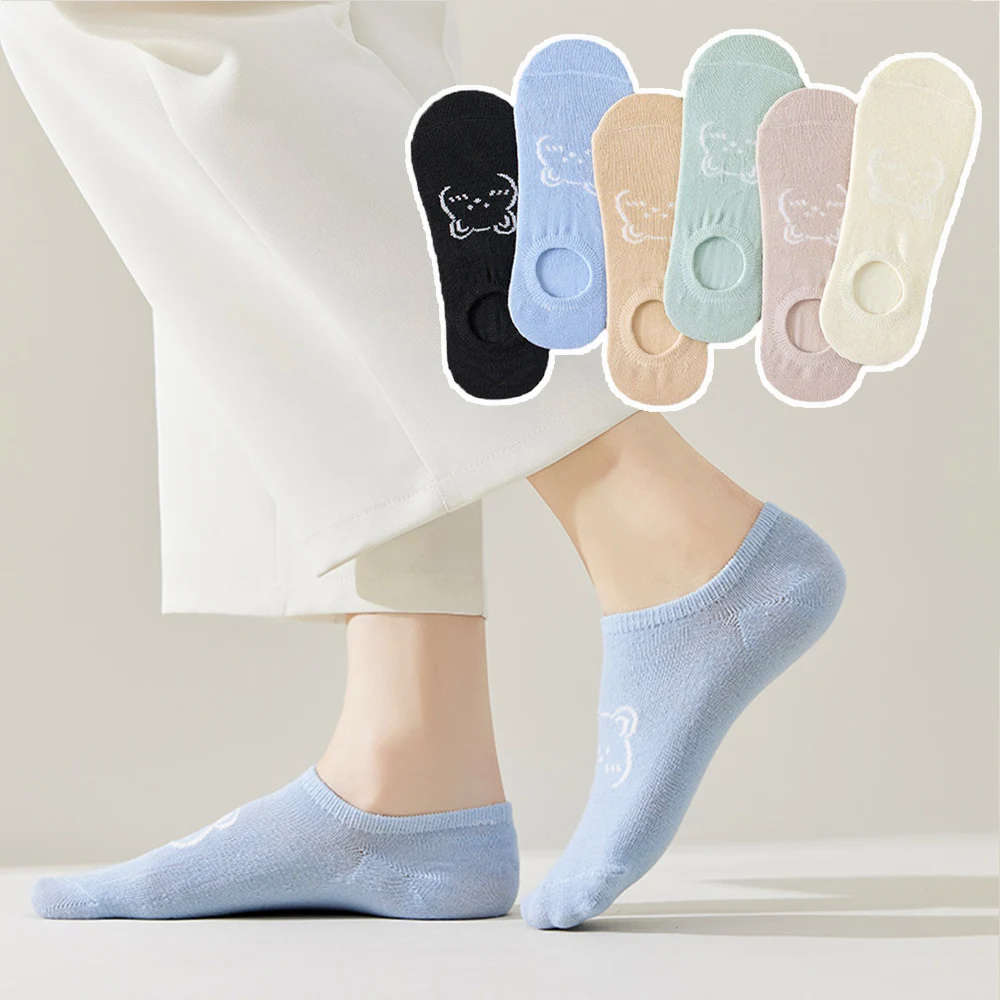 

1 Pair Women Boat Socks Summer Breathable Soft Low Cut Socks Non-slip Invisible Socks Cute Bear Ankle Slippers Boat Socks