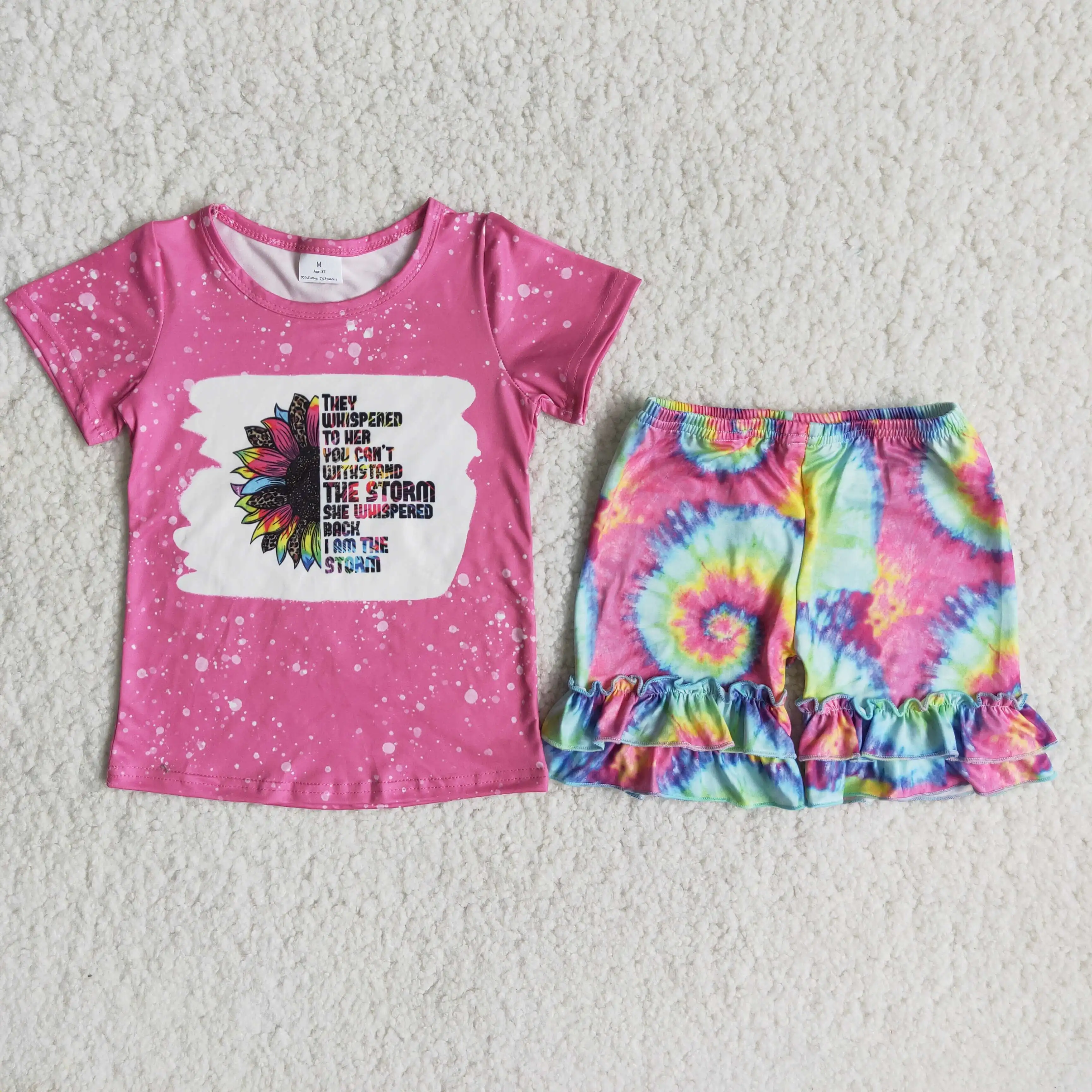

RTS Sunflower Letters T Shirt Baby Summer Clothing Sets Toddler Kids Ruffle Shorts Suit T​ie Dye Girls Outfits