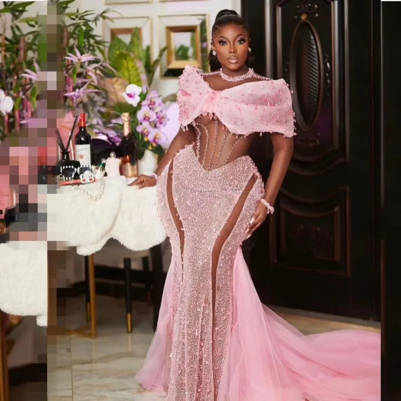 

Pink Plus Size Evening Dresses For Women Sequin Aso Ebi Prom Gowns Long Sleeves African Bride Wedding Reception Gowns