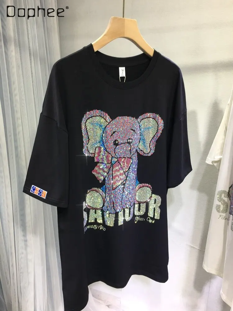 

Delicate Rhinestone Cute Elephant Round Neck Mid-Length T-shirt Female 2023 Summer New Cartoon Black Short Sleeve Top Women