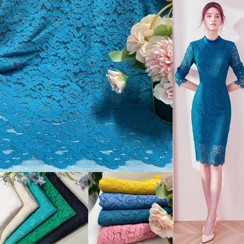 

Elastic Lace Fabric By The Meter for Dresses Sewing Three-dimensional Hollow-out Plain Mesh Cloth Thin Summer Flower Black White