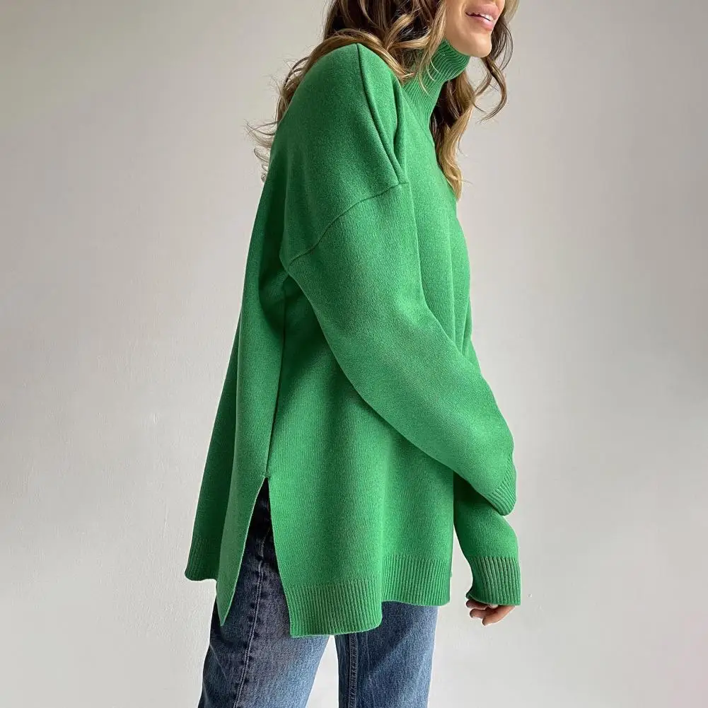 

Водолазка с длинным рукавом, ребристые манжеты, пуловер с разрезом сбоку, свитер, зимний однотонный Свободный теплый свитер, джемпер для жен...