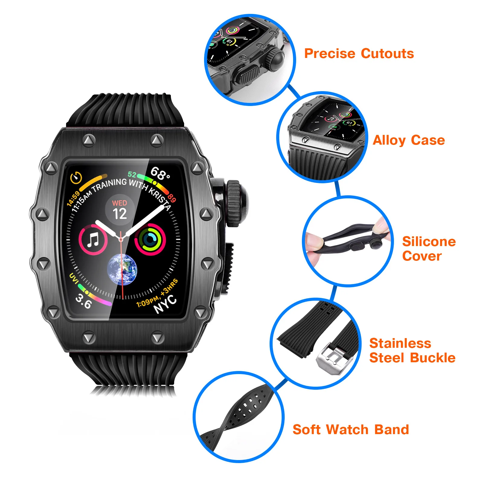 44mm Luxury Case Alloy Bezel for Apple Watch 8 Mod Kit 45MM 41MM for IWatch Series 8 7 SE 6 5 4 Rubber Strap Metal Modification