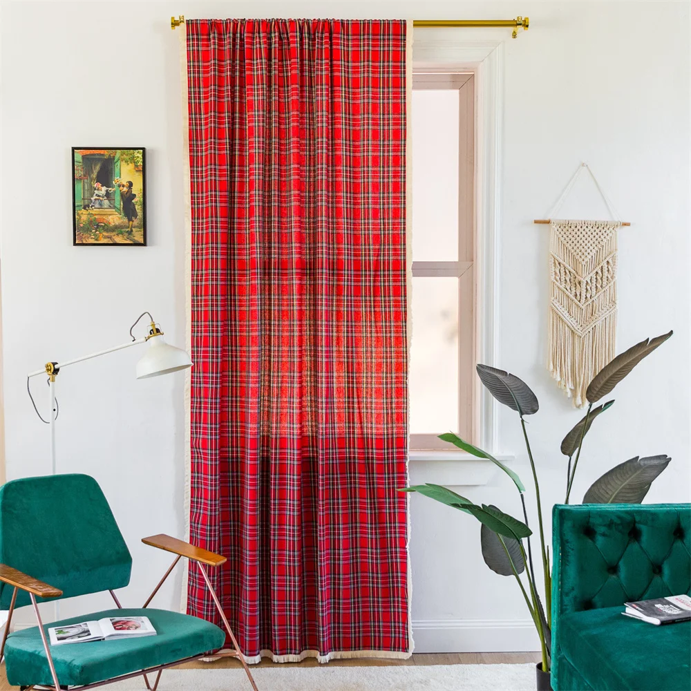 

Curtains Christmas Decoration American Style Cotton Linen Fabric Red Plaid Warp Curtain for Bedroom Living Room Window Decor