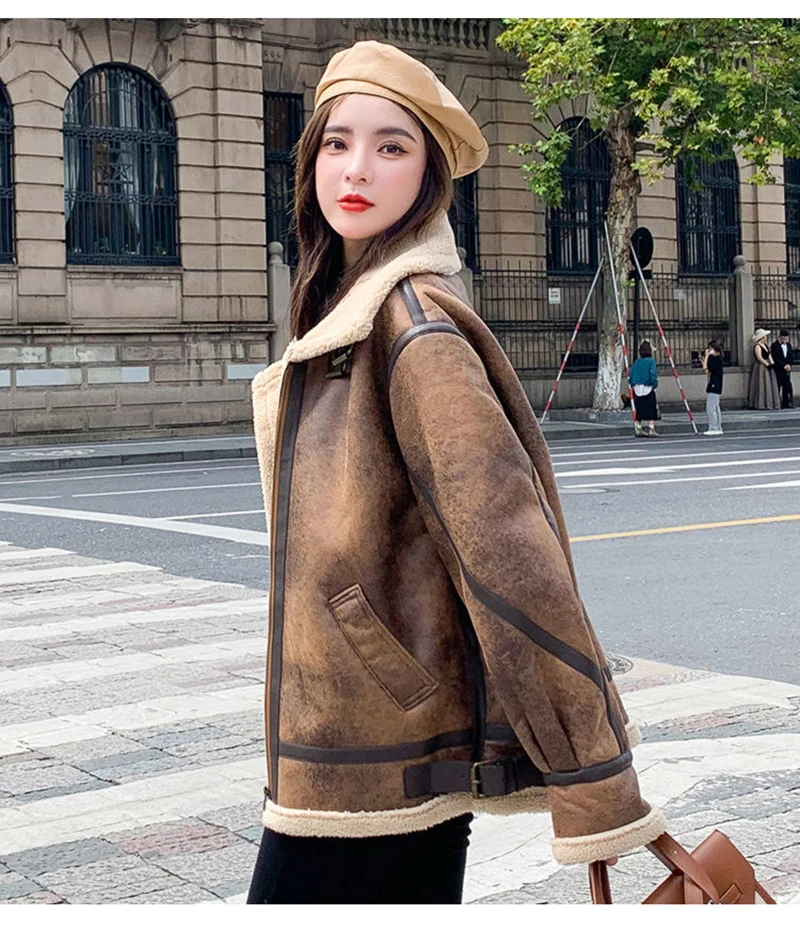Faux Leather Jacket Women Shearling Thicken Fashion Long Sleeve Zippers Moto Biker Outerwear Warm Winter Coats Female Clothing
