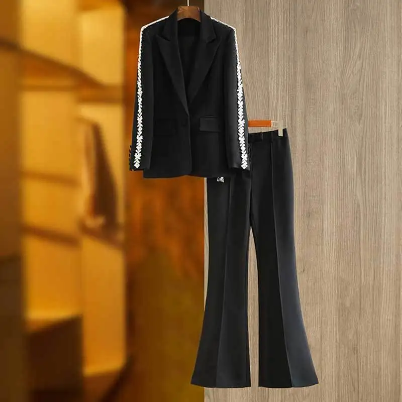 

Fashion New Solid Blazer 2Piece Set Runway Office Single Button Lapel Rhinestone Jacket Coat High Waist Wide Leg Pant For Women