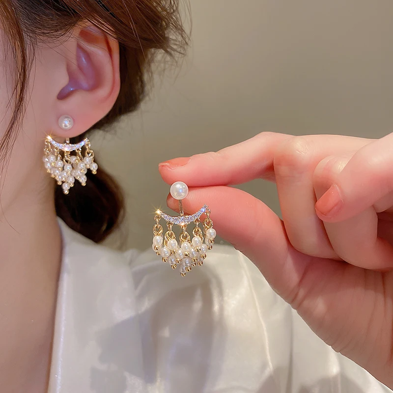 

Unusual Pearl Tassel Pendant Dangle Earrings With Silver Needle Golden Plated CZ Drop Earrings Korean Fashion Jewelry