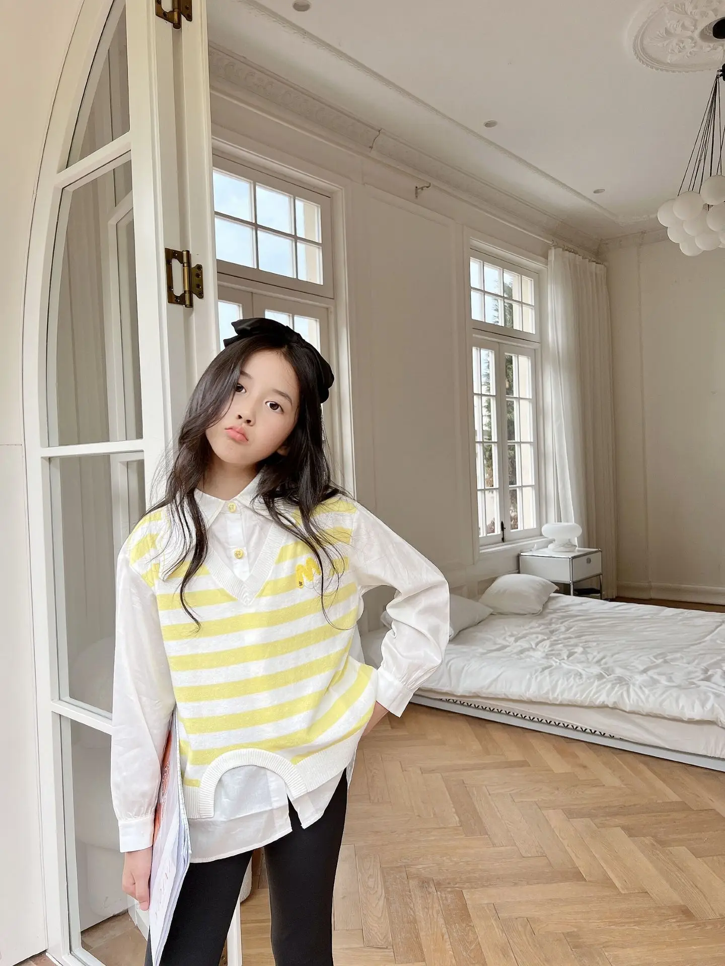 

Girls tops Two fake pieces design striped fashion baby tops size 110-150