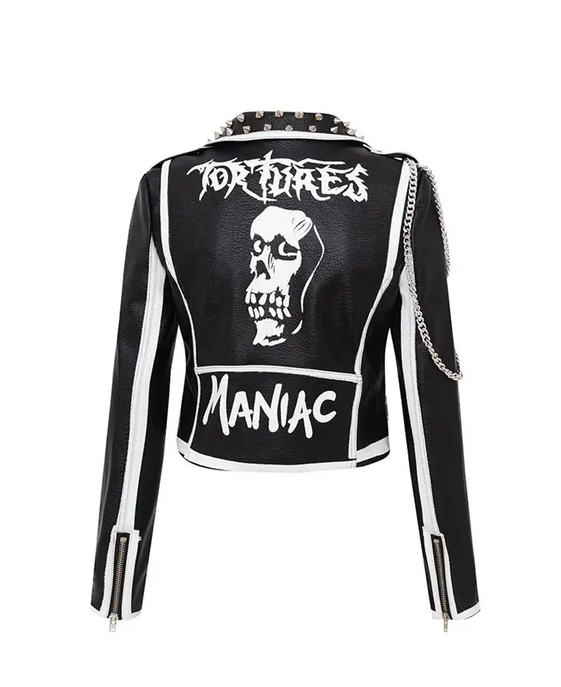 Women's spring and autumn new street motorcycle girl personality skull print heavy industry rivet short leather jacket spot
