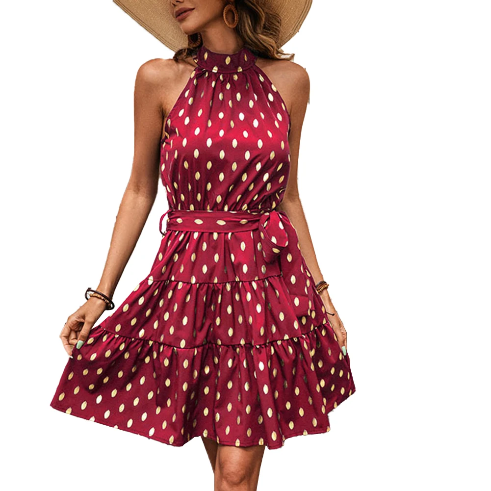 

Elegant Dresses For Women Dots Printed Sleeveless Halter Neck Dress High Waist Cake Party Beach Dress With Belt Robe Femme