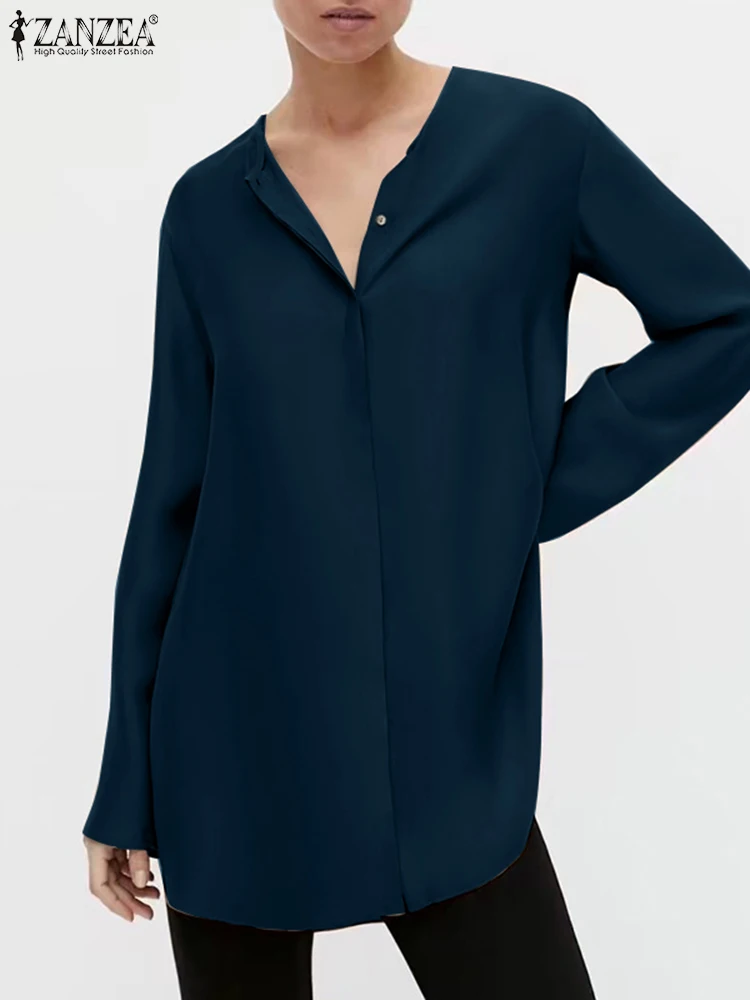 

Блузка ZANZEA Женская с длинным рукавом, модный офисный Атласный топ свободного покроя, Повседневная однотонная уличная одежда, большие разме...