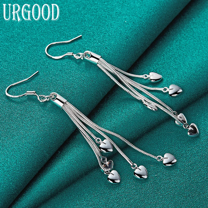 

925 Sterling Silver Snake Chain Five Heart Long Drop Earrings For Women Party Engagement Wedding Fashion Jewelry Gift