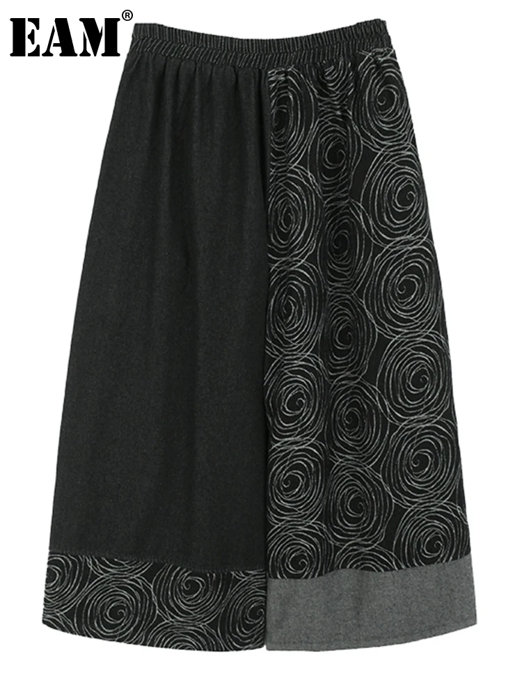 

[EAM] брюки с высокой эластичной резинкой на талии, синие джинсы с рисунком, широкие брюки, новые свободные брюки, женские модные брюки, весна-осень 2023, 1DH1713