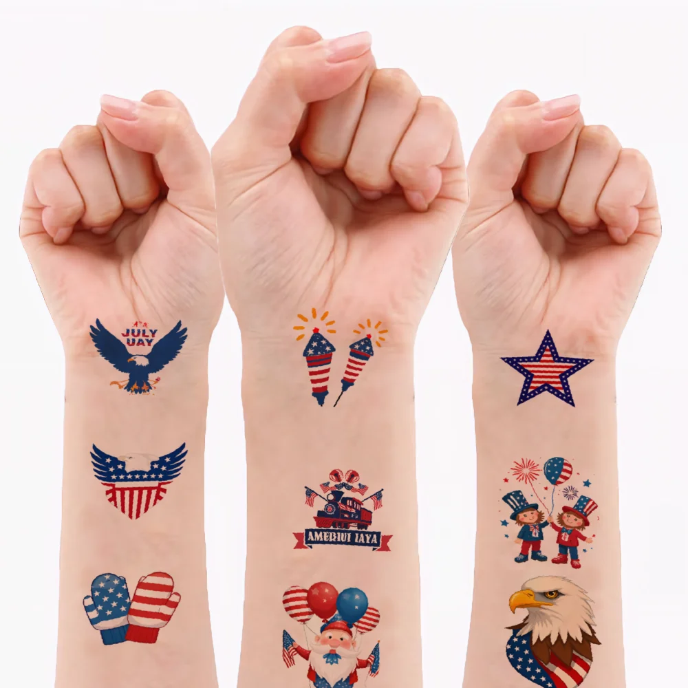 Фото Временные татуировки, звезды и полосы, 63 шт., водонепроницаемые долговечные наклейки для тела, колокольчик Свободы, американский флаг для детей и мальчиков №2