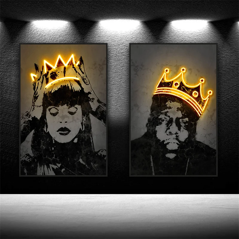 

Neon Design Famous Rapper Star Posters Prints on Canvas Abstract Hip Hop Singer Biggie Canvas Painting King and Queen Pictures